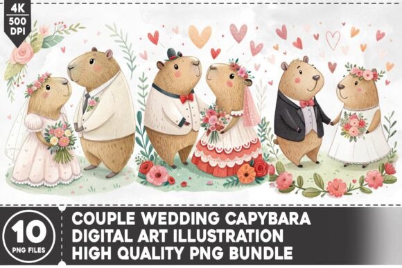 Couple Wedding Capybara PNG Bundle: Unique Commercial Designs