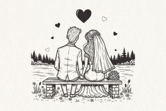 Romantic Wedding Couple on Bench SVG PNG: A Timeless Design Asset